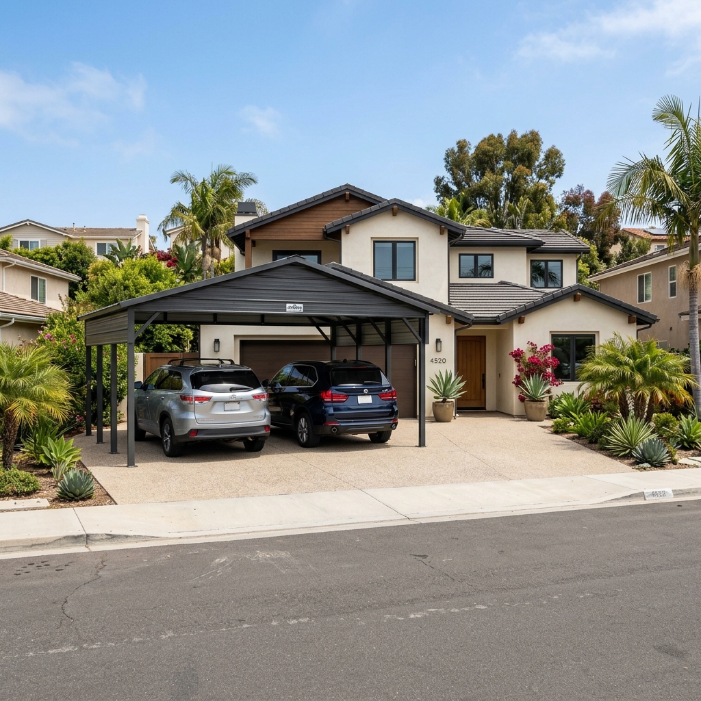 Arrow Steel Carport 12x20 — Charcoal Two-Car vinyl plank flooring installed in San Diego home by Hardscape Flow