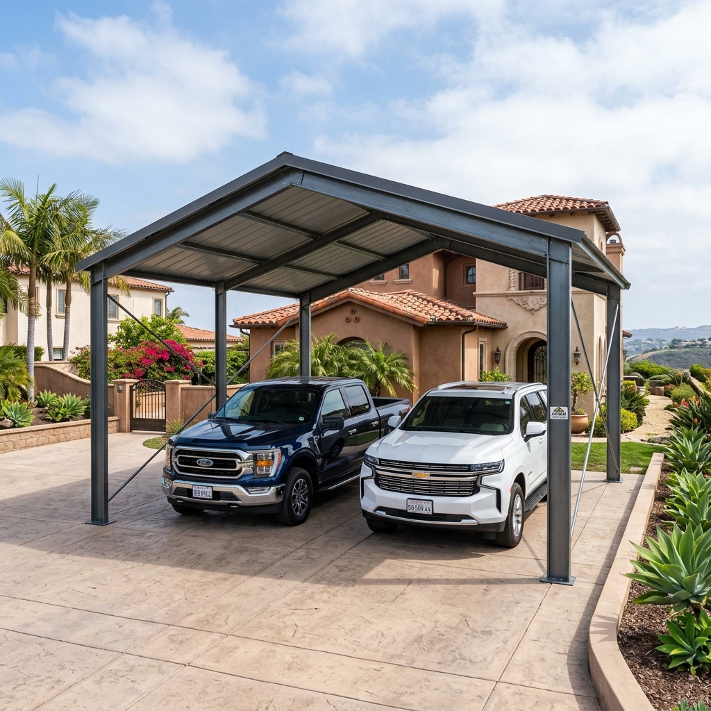 Arrow Steel Carport 20x20 — Heavy Duty vinyl plank flooring installed in San Diego home by Hardscape Flow