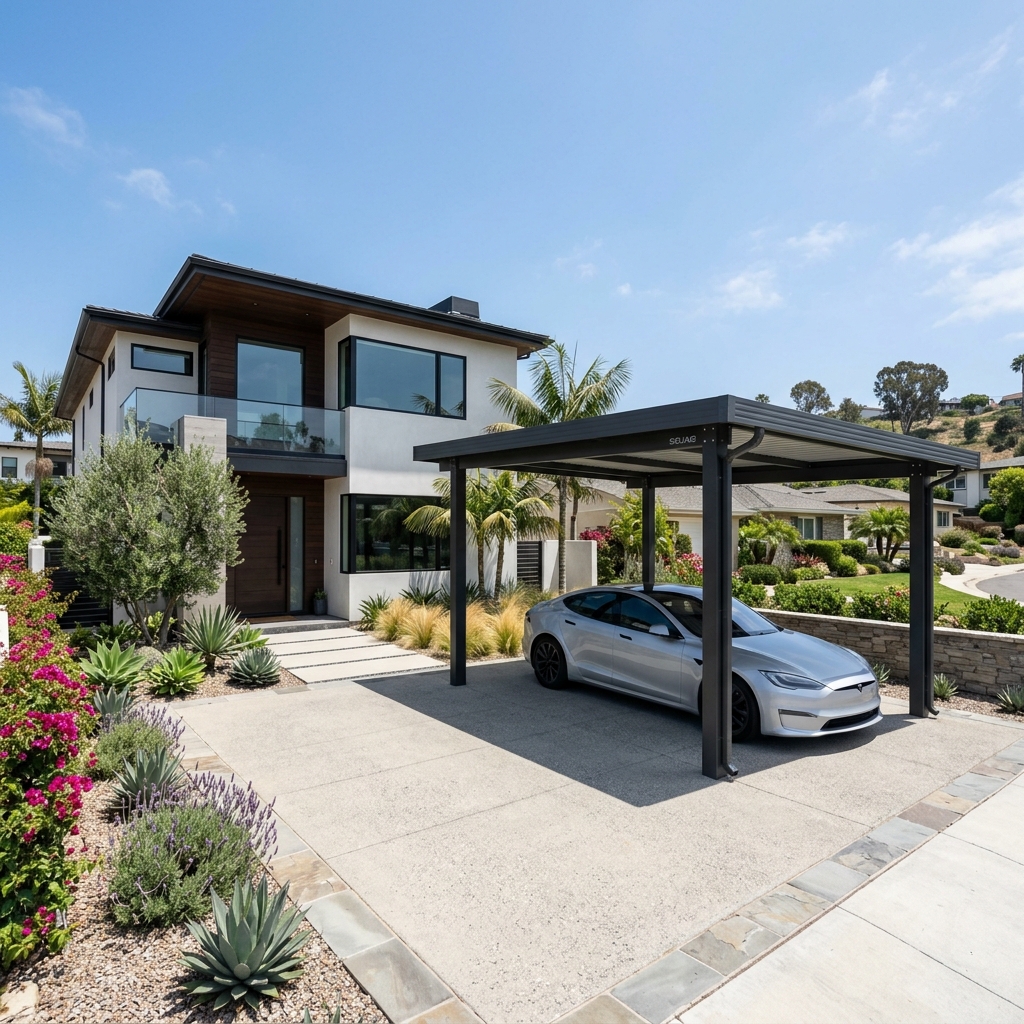 Sojag Aluminum Carport 12x20 — Dark Gray vinyl plank flooring installed in San Diego home by Hardscape Flow