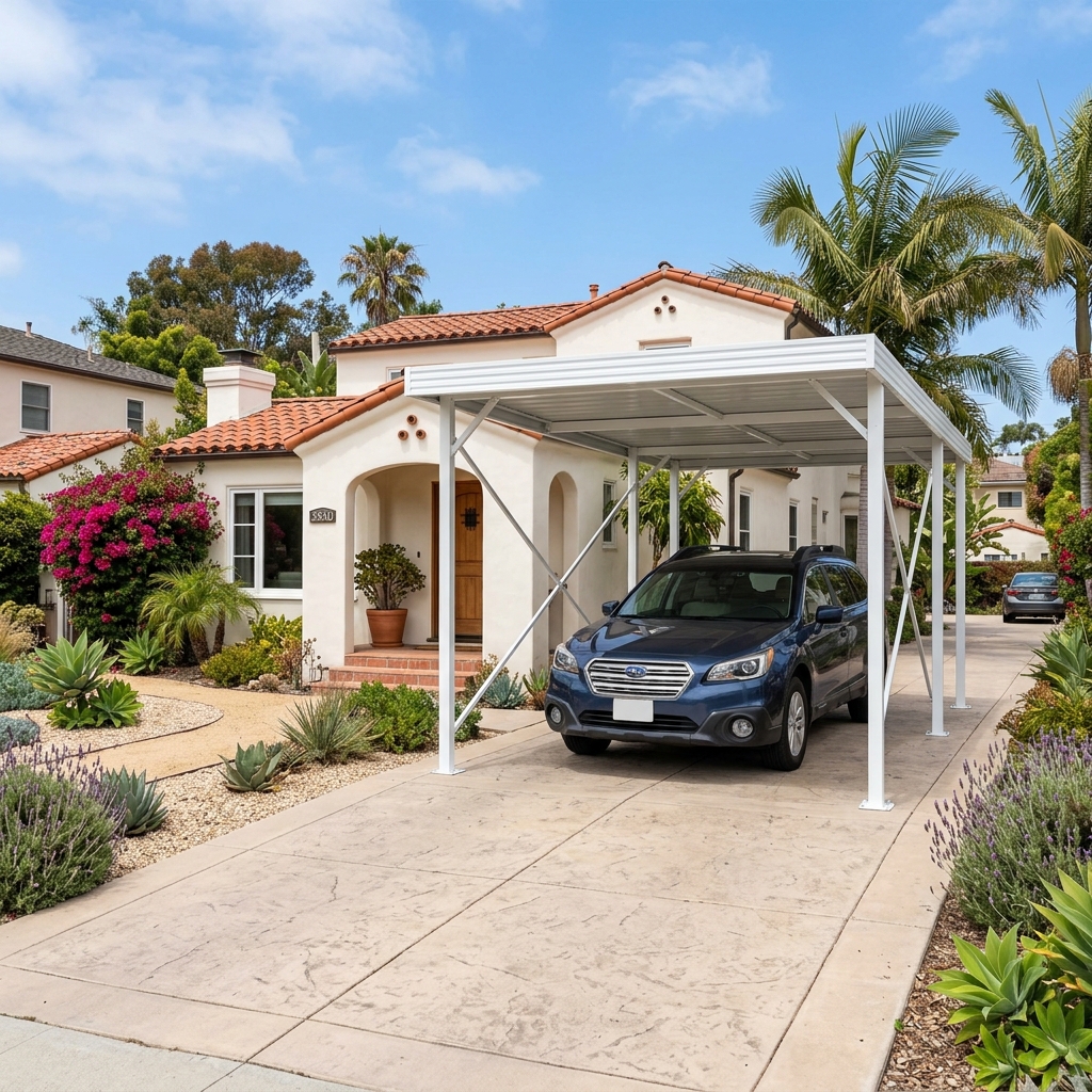 ALEKO Steel Carport 10x20 — White Compact vinyl plank flooring installed in San Diego home by Hardscape Flow