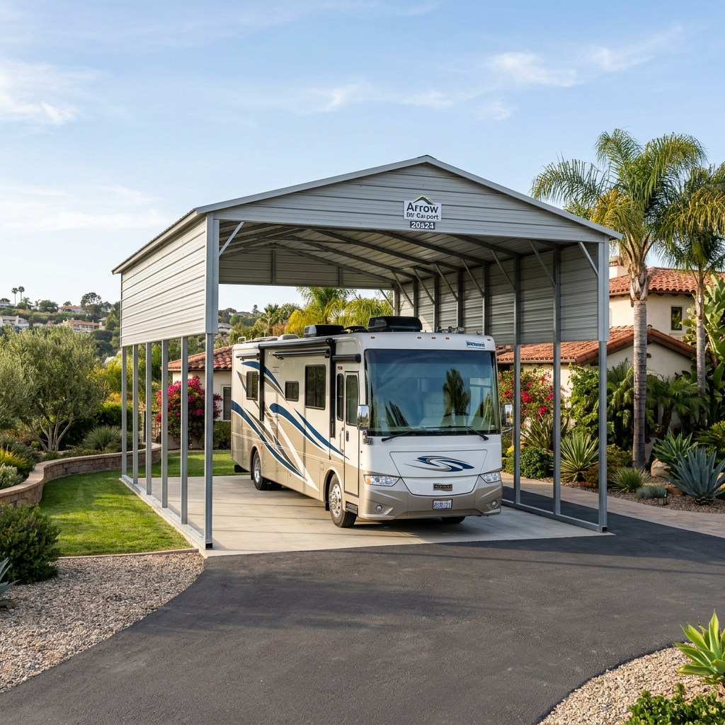 Arrow RV Carport 20x24 — Peak Roof vinyl plank flooring installed in San Diego home by Hardscape Flow