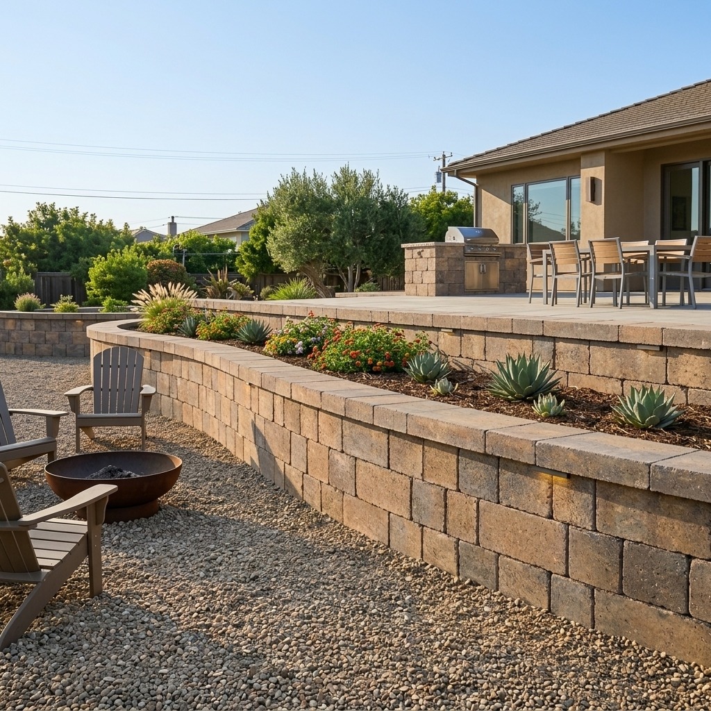 Belgard Steeple Crest retaining wall with backyard BBQ patio