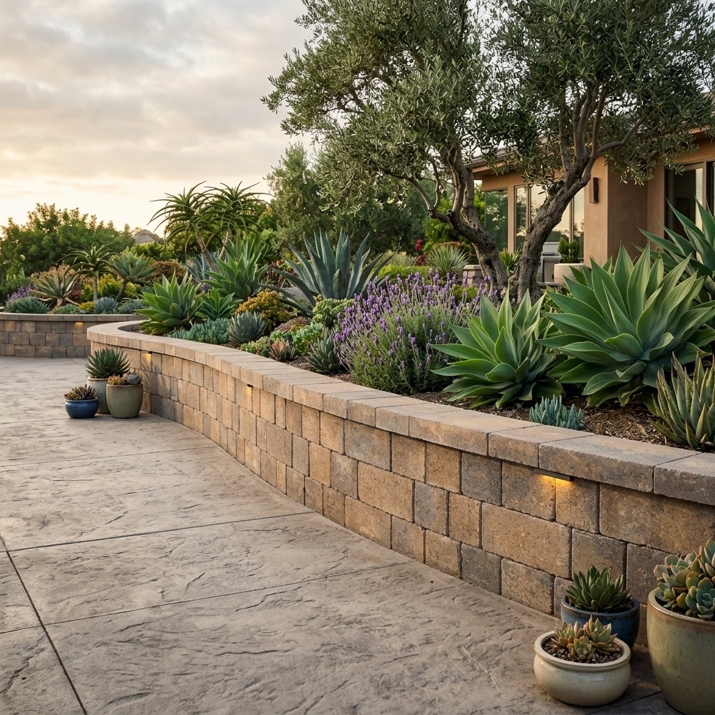 Belgard Steeple Crest retaining wall with stamped concrete patio