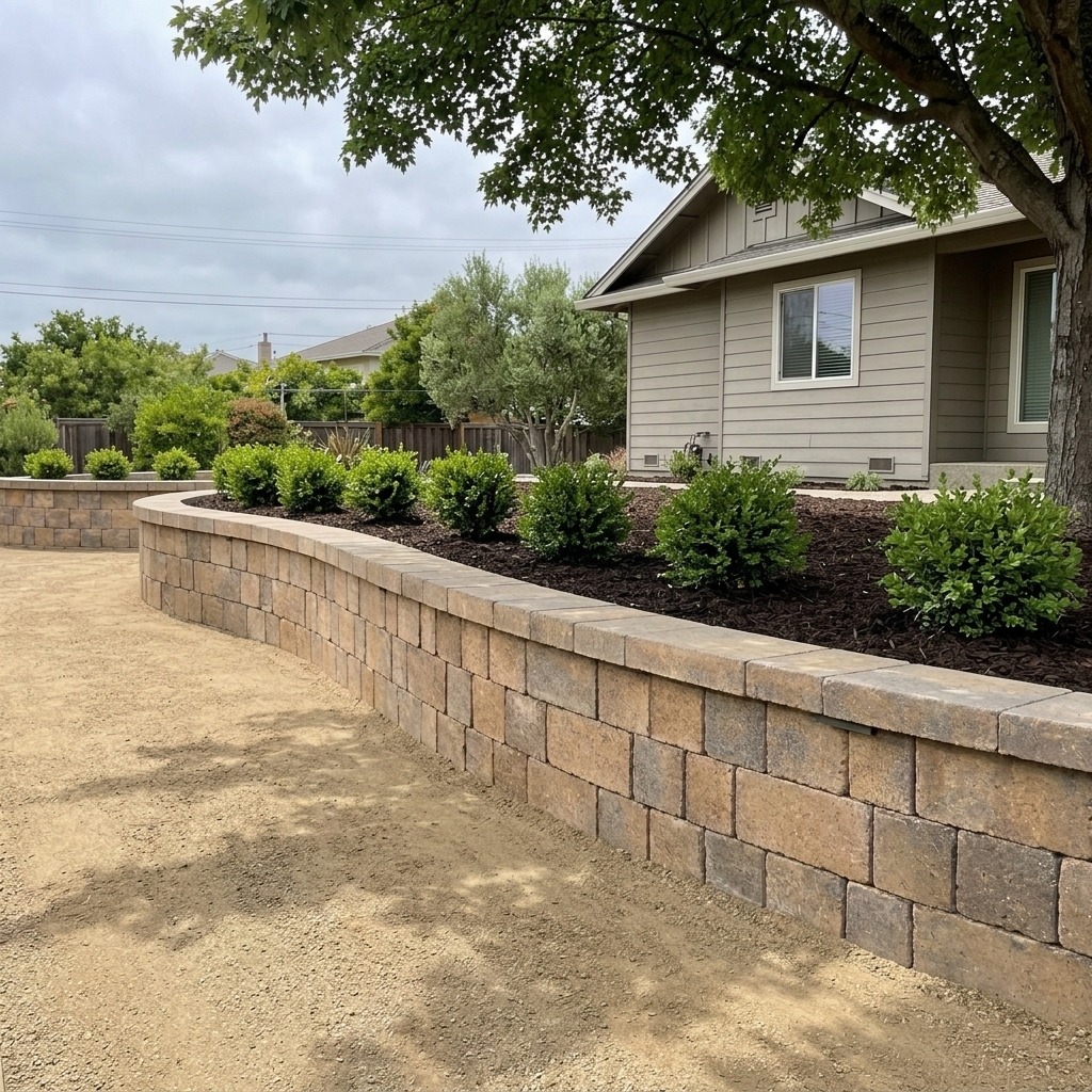 Belgard Steeple Crest retaining wall with craftsman home