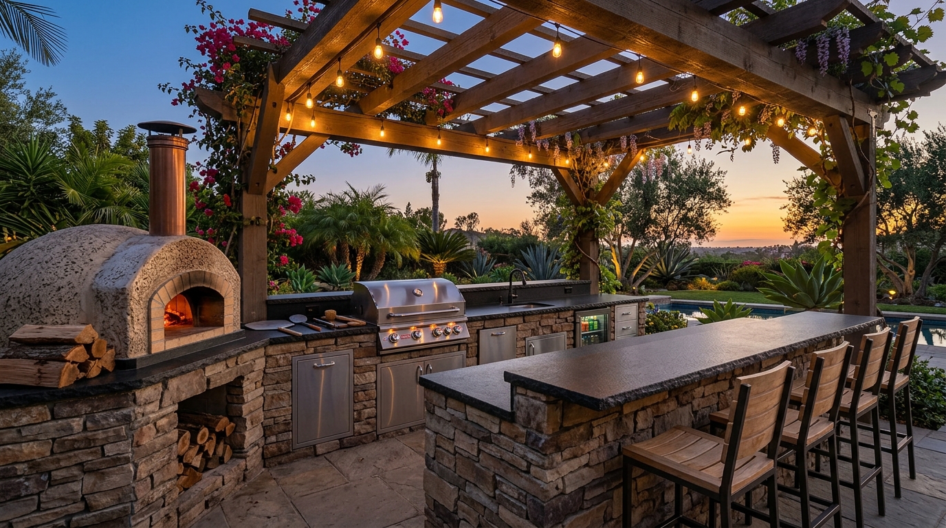 Straight Stone Outdoor Kitchen with Wood-Fired Pizza Oven & Bull Grill in Encinitas