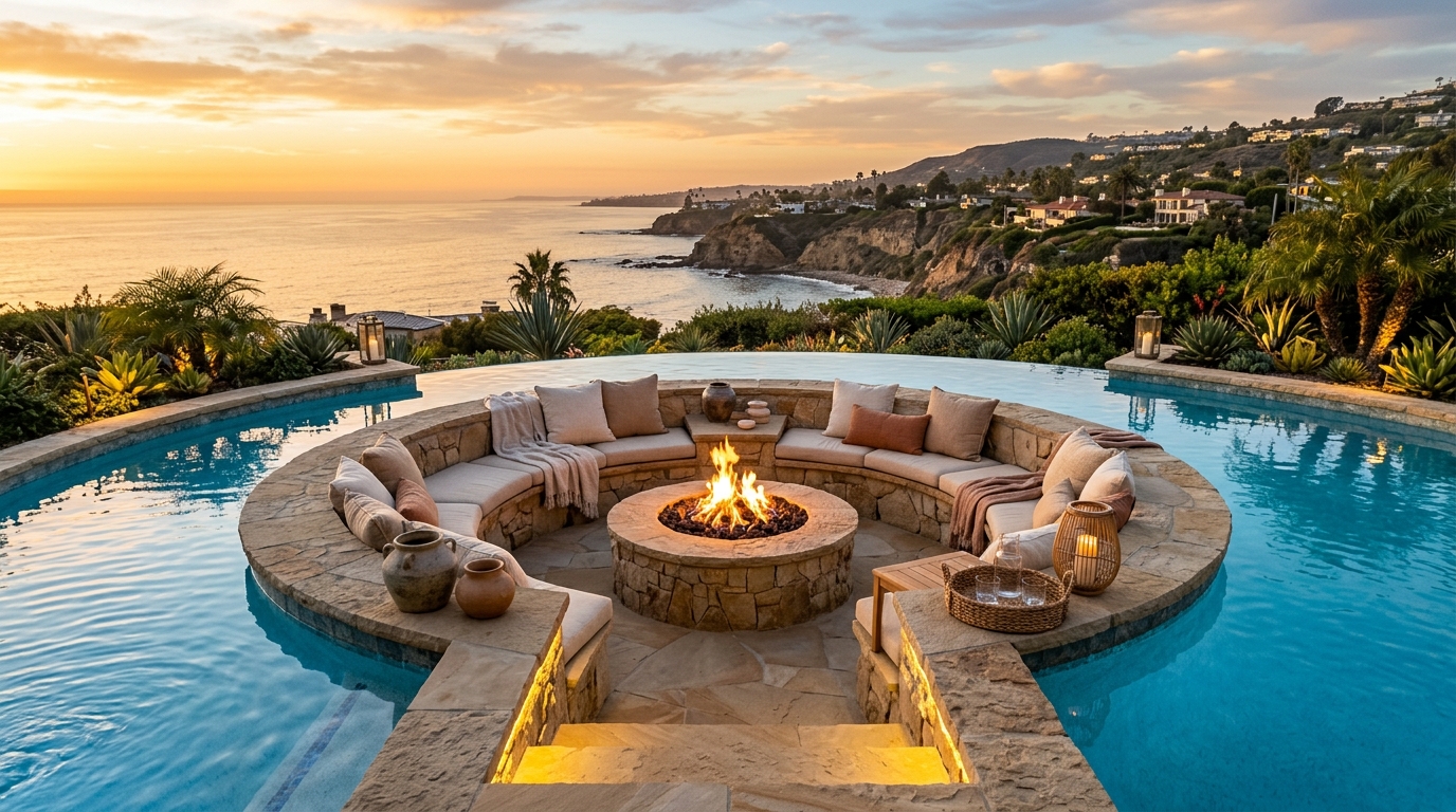 Sunken Fire Pit Lounge & Pool Coping Remodel in Rancho Santa Fe