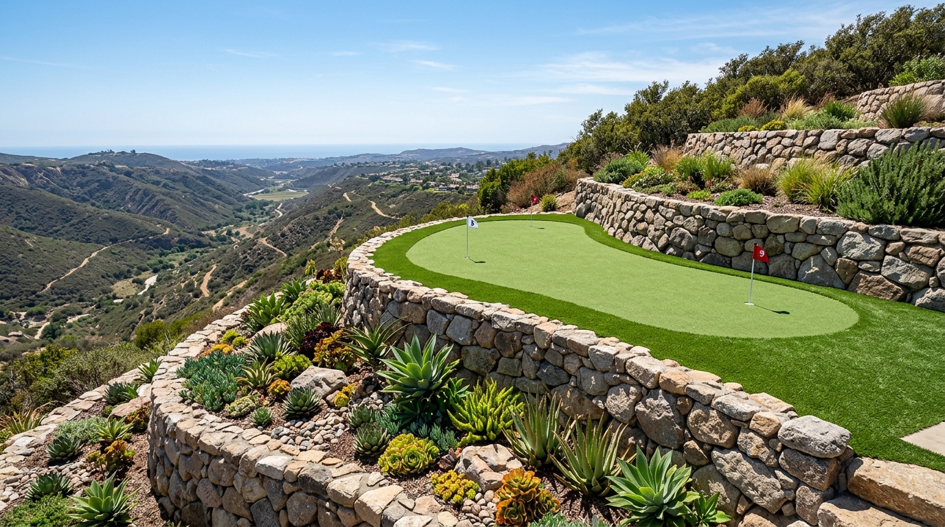 Terraced Granite Boulder Retaining Wall & Canyon Putting Green in Poway