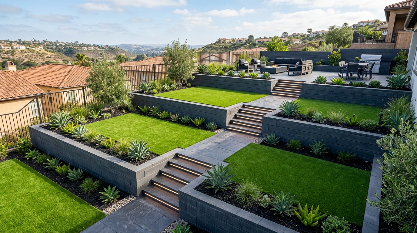 Tiered Retaining Wall & Artificial Turf Installation in Encinitas