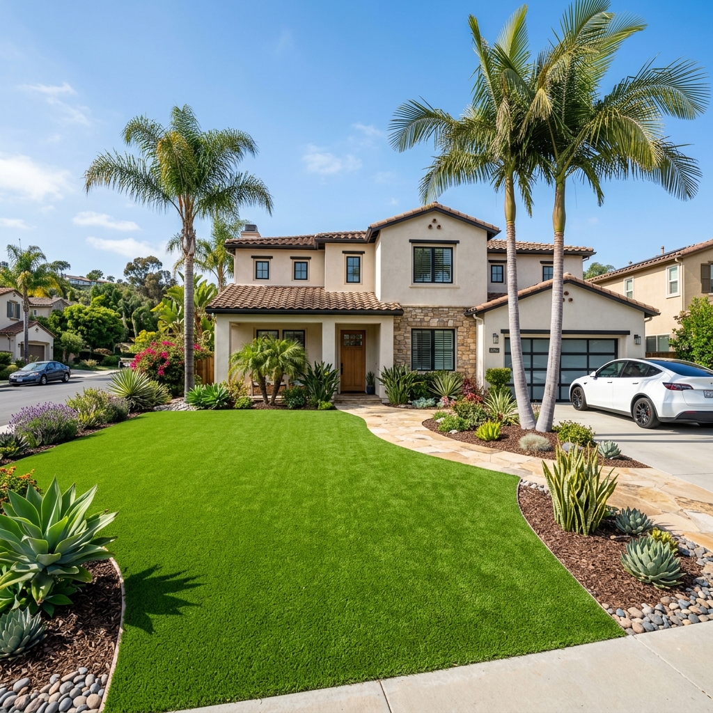 SD Turf Center Natural 100 Front Lawn — Lime & Emerald Green vinyl plank flooring installed in San Diego home by Hardscape Flow