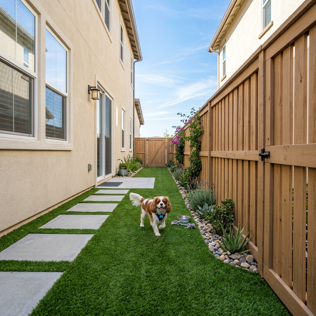 SD Turf Center Pet Turf Side Yard — Spring Green vinyl plank flooring installed in San Diego home by Hardscape Flow
