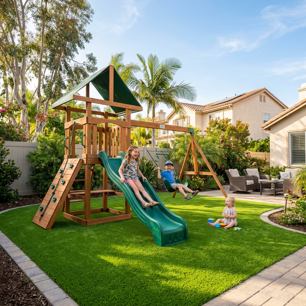SD Turf Center Playground Safety Turf — Bright Green vinyl plank flooring installed in San Diego home by Hardscape Flow