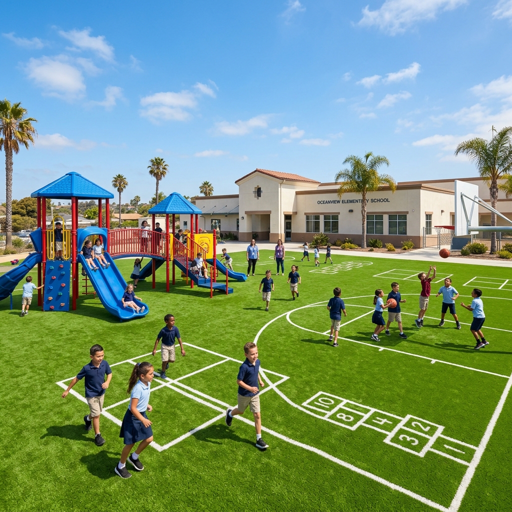 SD Turf Center School Playground Turf — Bright Green vinyl plank flooring installed in San Diego home by Hardscape Flow