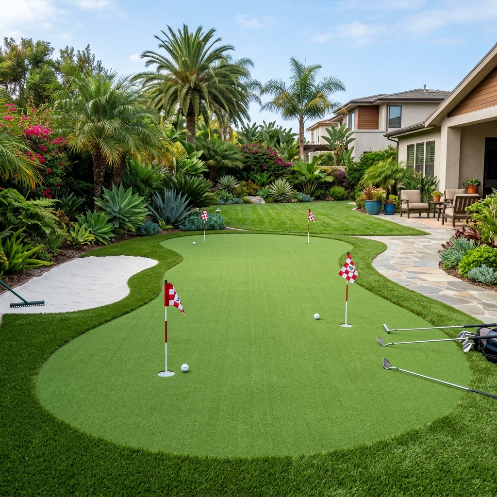 SD Turf Center Backyard Putting Green — Short Nap Green vinyl plank flooring installed in San Diego home by Hardscape Flow