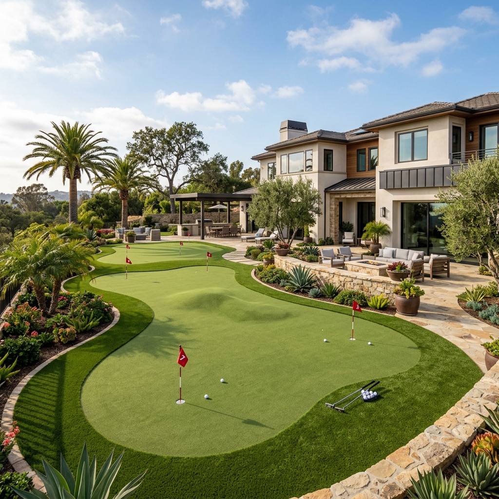 SD Turf Center Multi-Hole Putting Course — Short Nap Green vinyl plank flooring installed in San Diego home by Hardscape Flow