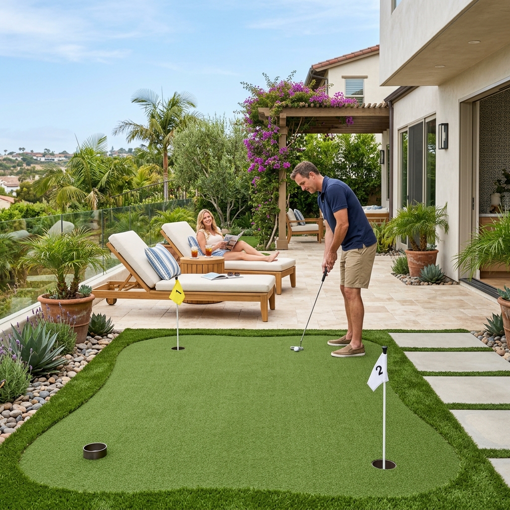 SD Turf Center Patio Putting Green — Short Nap Green vinyl plank flooring installed in San Diego home by Hardscape Flow
