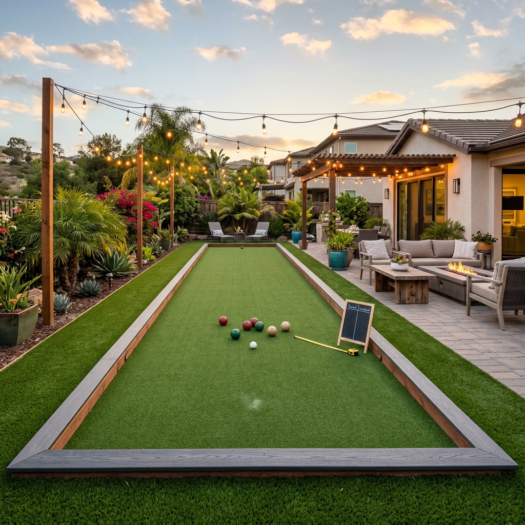 SD Turf Center Bocce Ball Court — Dense Green vinyl plank flooring installed in San Diego home by Hardscape Flow