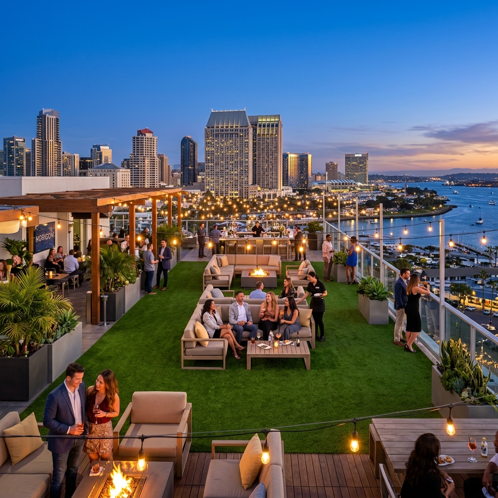 SD Turf Center Rooftop Lounge Turf — Emerald Green vinyl plank flooring installed in San Diego home by Hardscape Flow