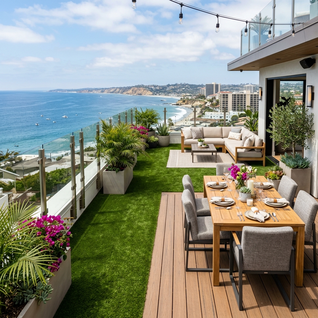 SD Turf Center Rooftop Deck Turf — Emerald Green vinyl plank flooring installed in San Diego home by Hardscape Flow