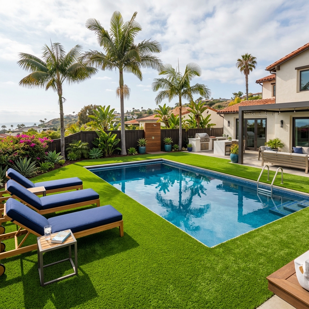 SD Turf Center Pool Surround Turf — Lime & Emerald Green vinyl plank flooring installed in San Diego home by Hardscape Flow