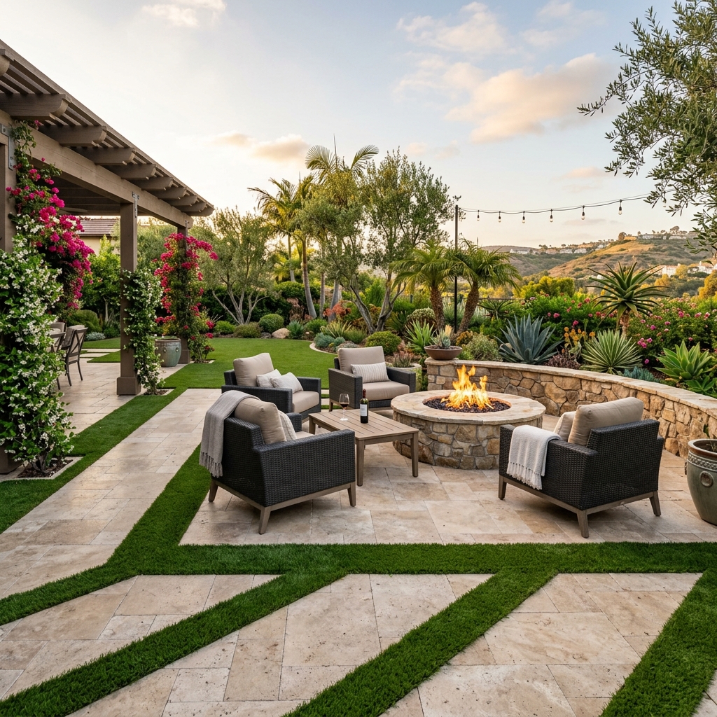 SD Turf Center Patio Border Turf — Lime & Emerald Green vinyl plank flooring installed in San Diego home by Hardscape Flow
