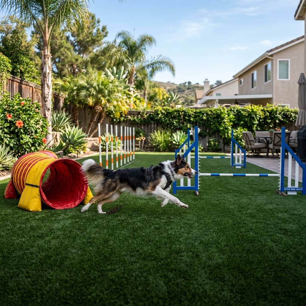 SD Turf Center Dog Agility Course — Dense Dark Green vinyl plank flooring installed in San Diego home by Hardscape Flow
