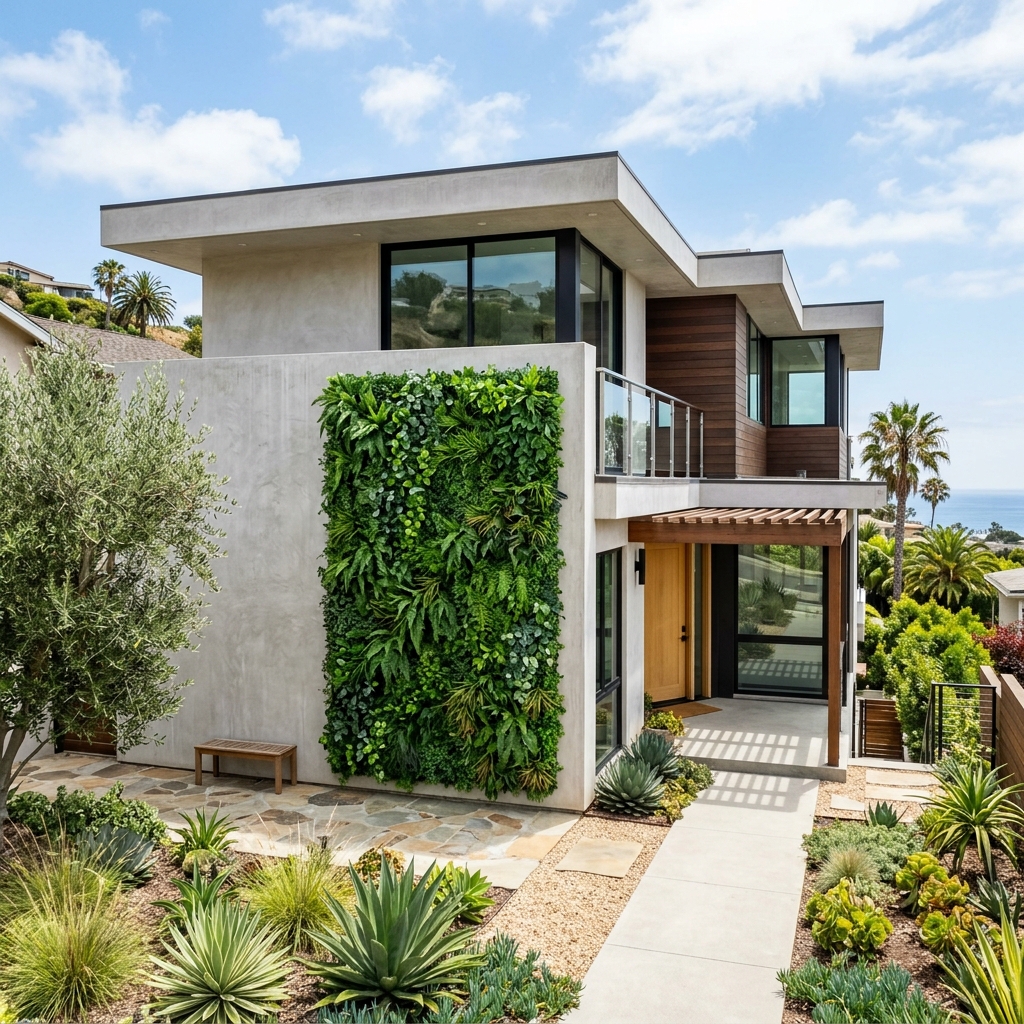 SD Turf Center Green Wall Exterior — Lush Foliage vinyl plank flooring installed in San Diego home by Hardscape Flow