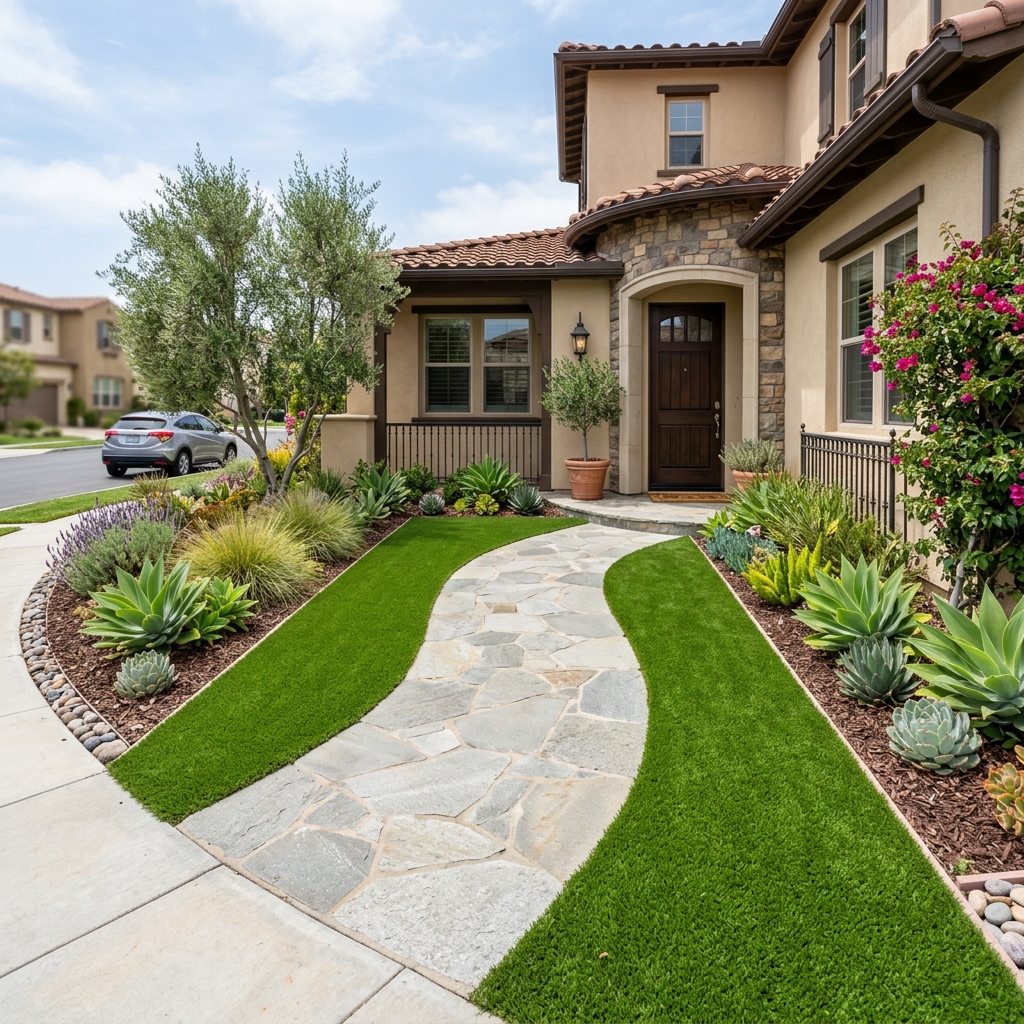 SD Turf Center Walkway Border Turf — Lime & Emerald Green vinyl plank flooring installed in San Diego home by Hardscape Flow