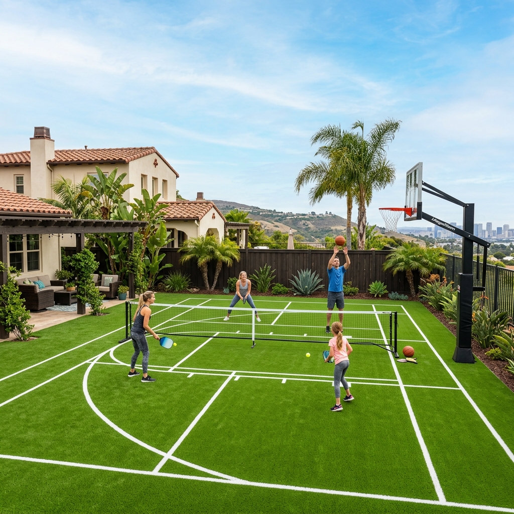 SD Turf Center Sport Court Turf — Sport Green vinyl plank flooring installed in San Diego home by Hardscape Flow