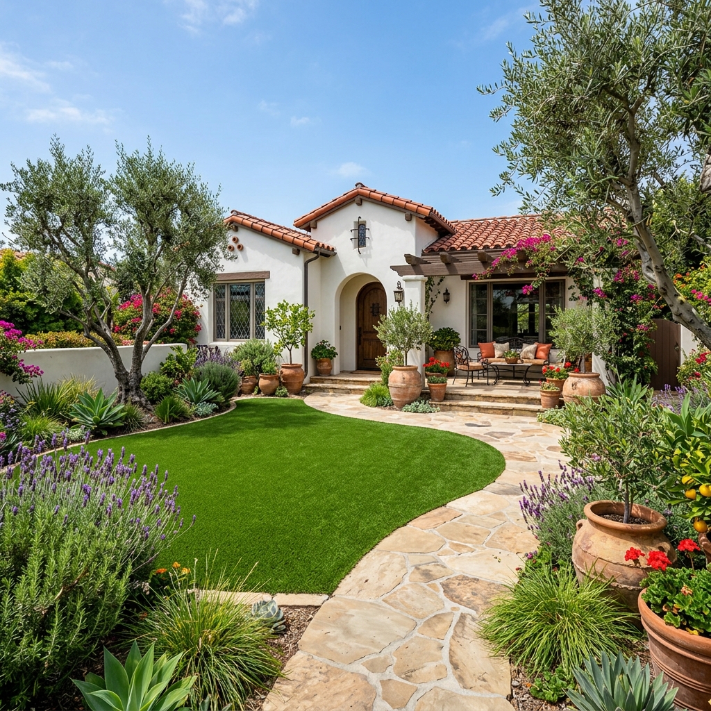 SD Turf Center Mediterranean Garden — Lime & Emerald Green vinyl plank flooring installed in San Diego home by Hardscape Flow