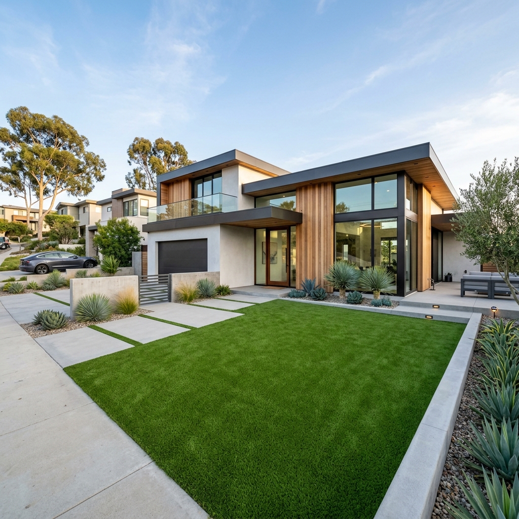 SD Turf Center Modern Minimalist Lawn — Lime & Emerald Green vinyl plank flooring installed in San Diego home by Hardscape Flow