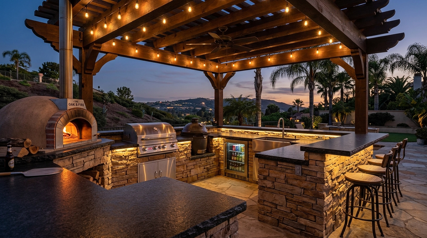 U-Shaped Stacked Stone Outdoor Kitchen with Pizza Oven & Kamado Smoker in Encinitas