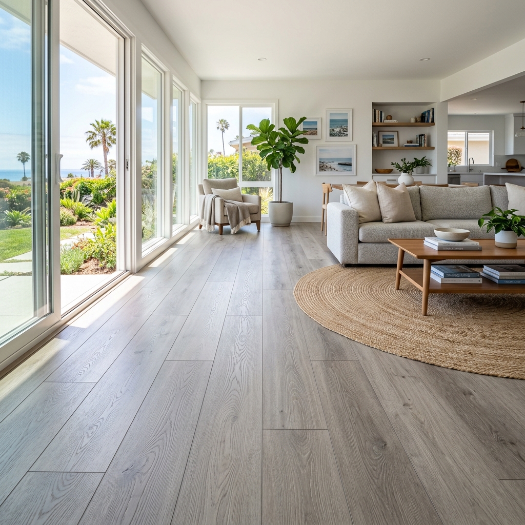 LifeProof Sterling Oak — Light Gray Oak vinyl plank flooring installed in San Diego home by Hardscape Flow
