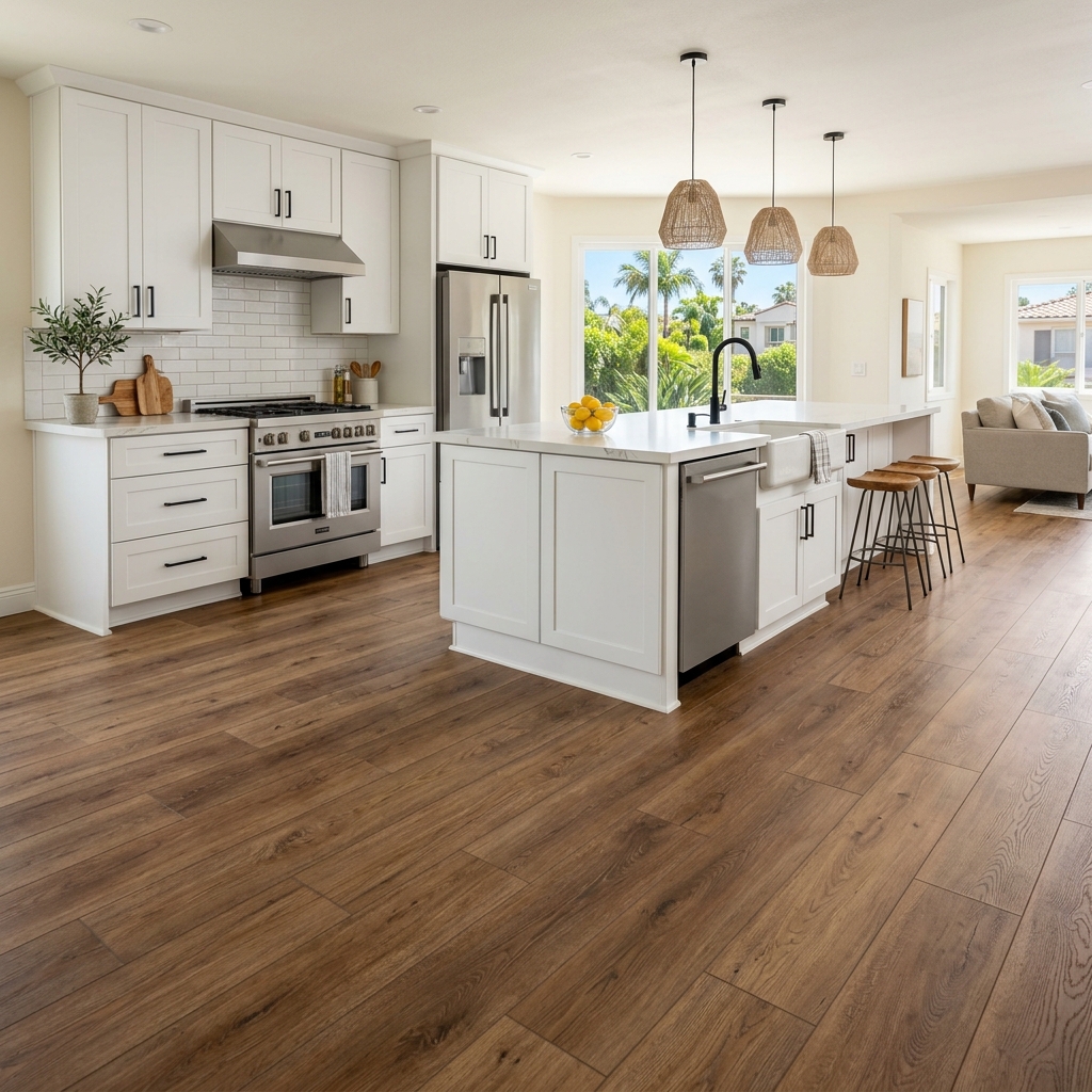 LifeProof Trail Oak — Warm Brown Oak vinyl plank flooring installed in San Diego home by Hardscape Flow