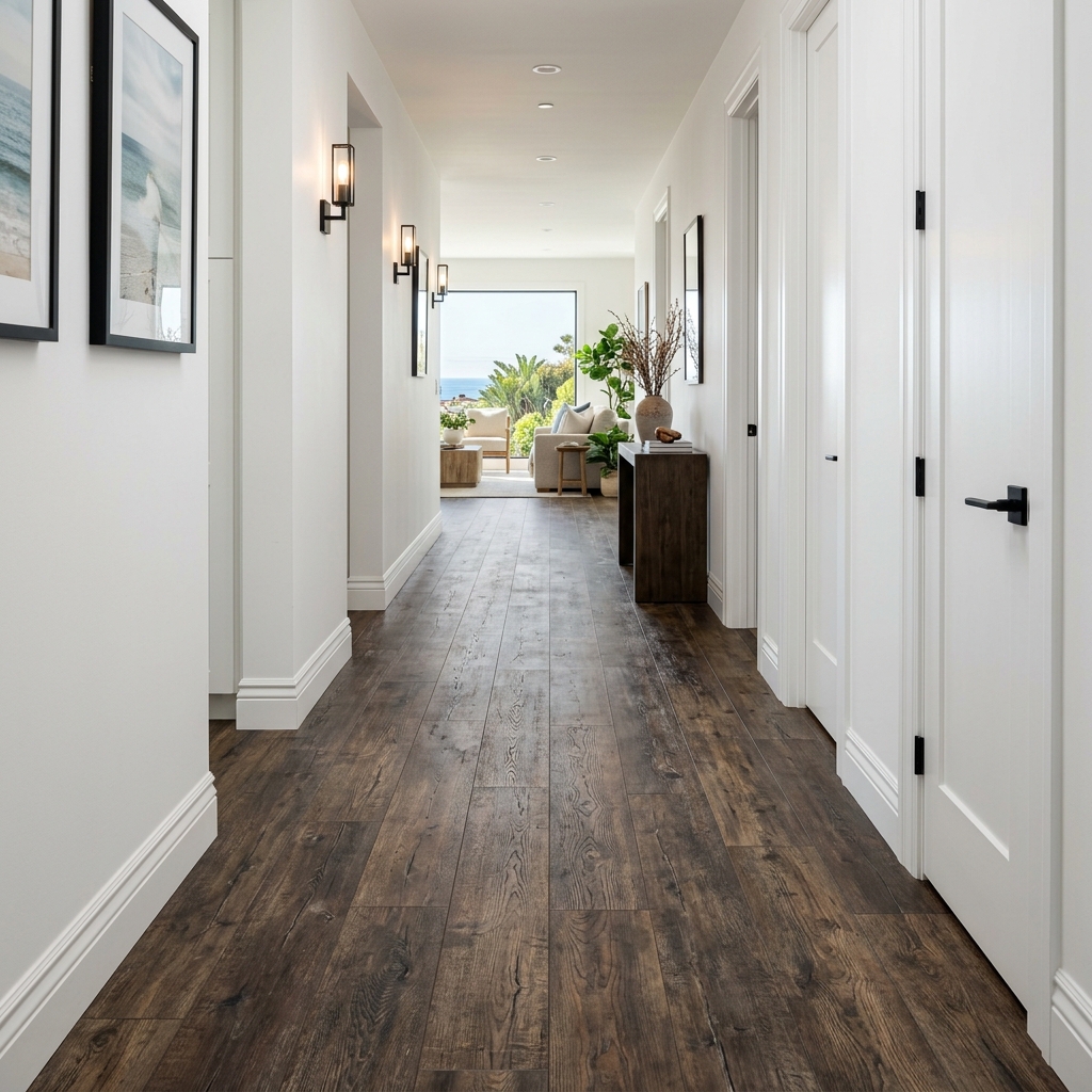 LifeProof Seasoned Wood — Dark Weathered Brown vinyl plank flooring installed in San Diego home by Hardscape Flow