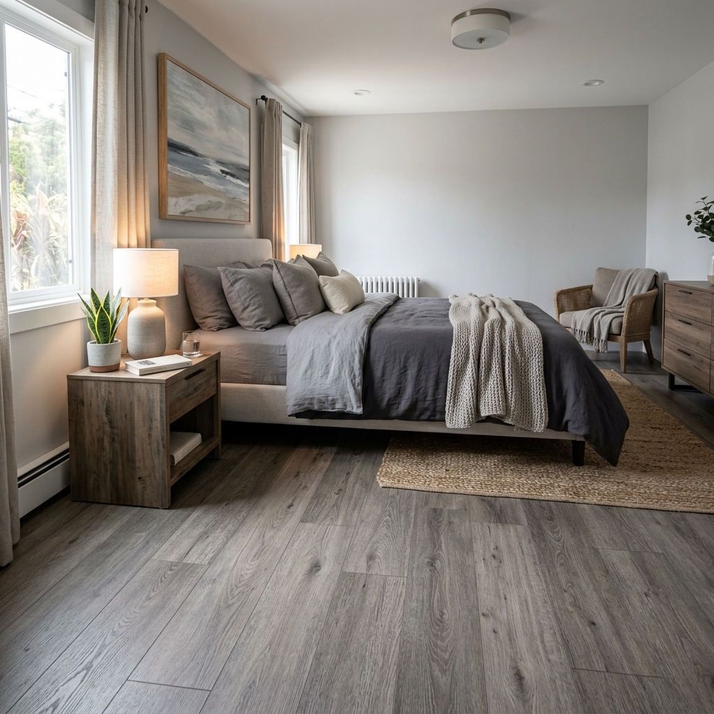 TrafficMaster Brushed Oak Taupe — Gray Taupe Oak vinyl plank flooring installed in San Diego home by Hardscape Flow