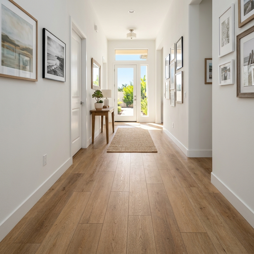 TrafficMaster Sandy Oak — Light Sandy Oak vinyl plank flooring installed in San Diego home by Hardscape Flow