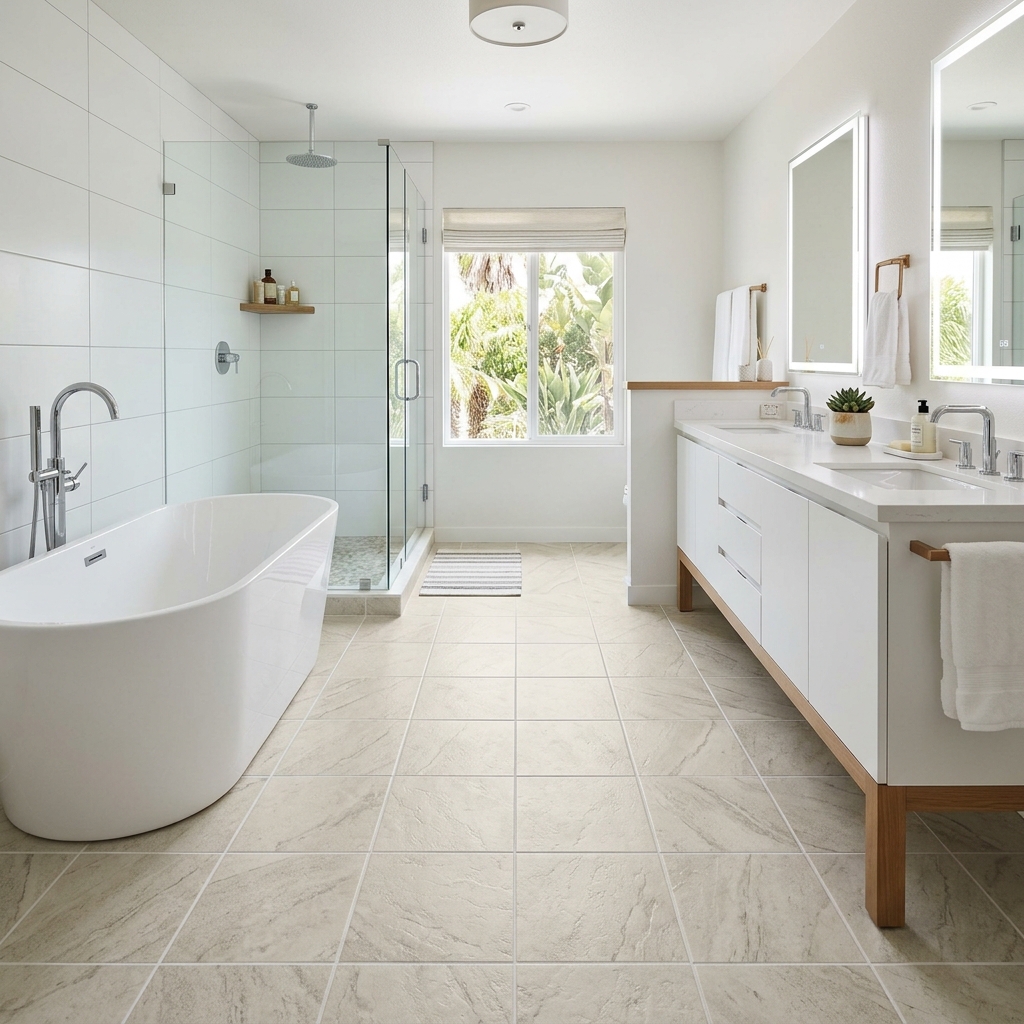 TrafficMaster Corfu — Light Beige Stone vinyl plank flooring installed in San Diego home by Hardscape Flow