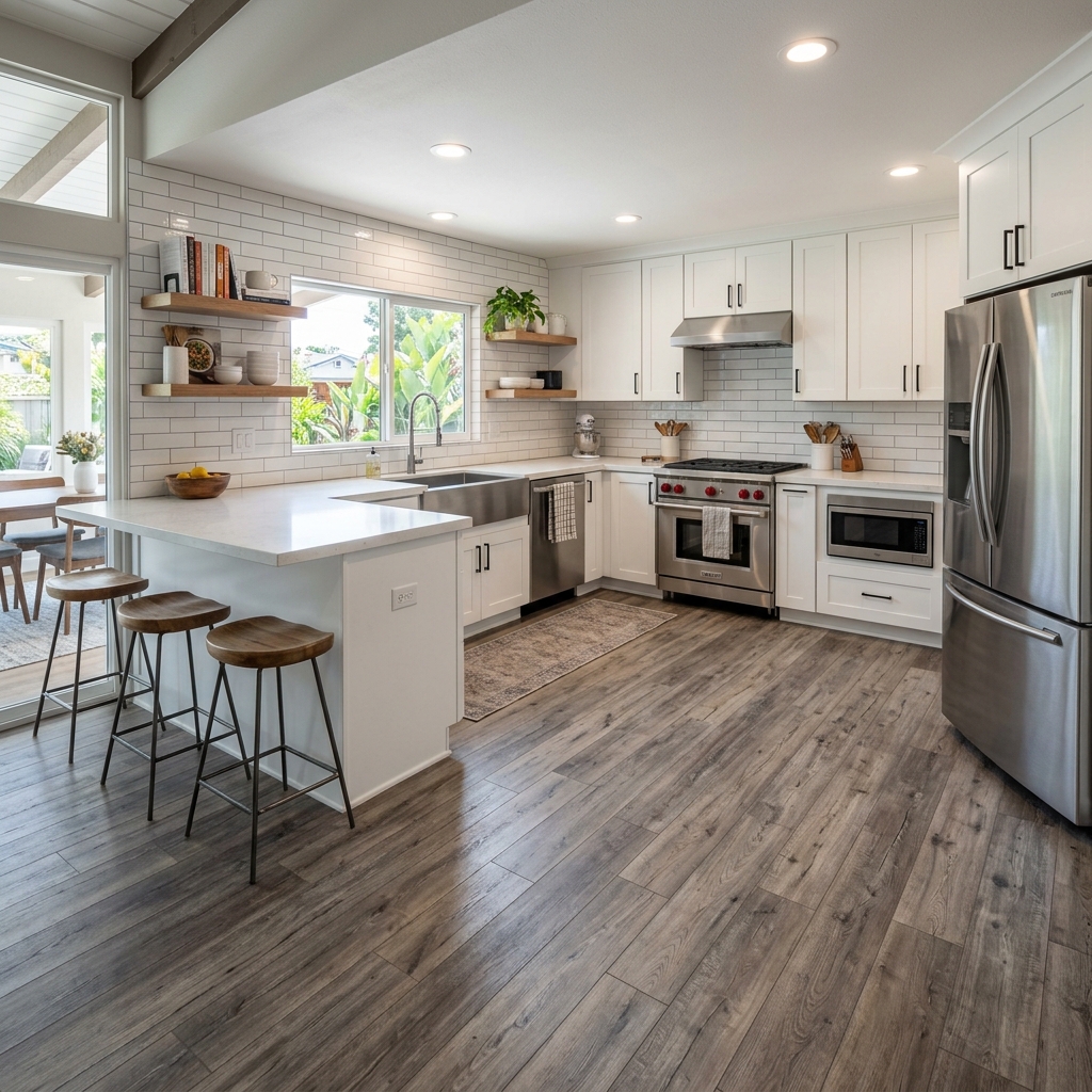 TrafficMaster Winding Brook — Gray-Brown Weathered vinyl plank flooring installed in San Diego home by Hardscape Flow