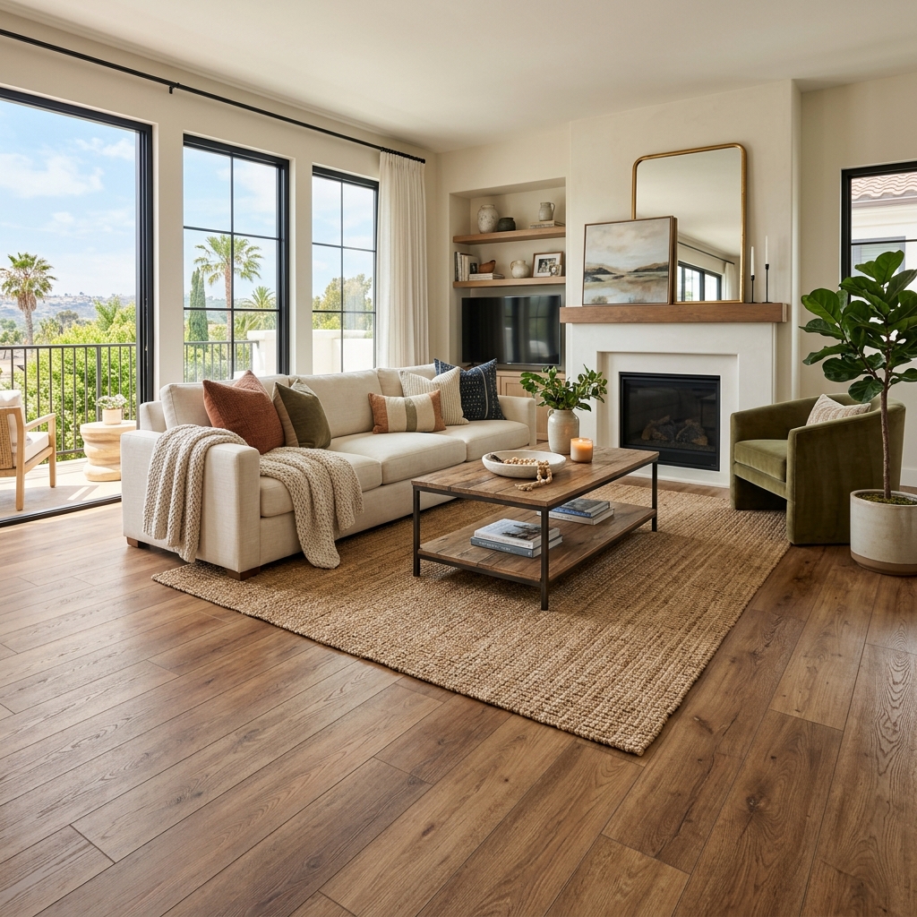 Home Decorators Willow Lane — Warm Natural Brown vinyl plank flooring installed in San Diego home by Hardscape Flow