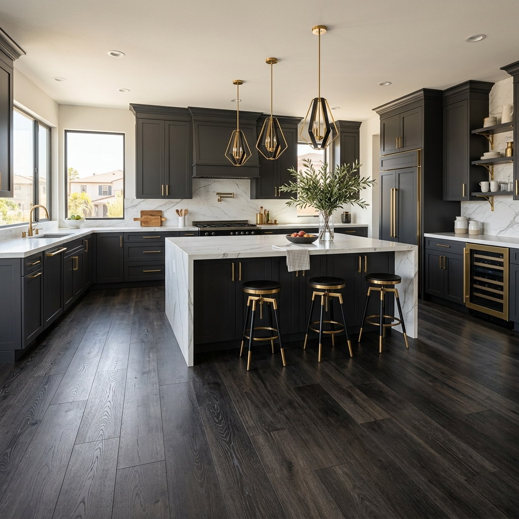 Home Decorators Lone Mountain — Dark Charcoal Oak vinyl plank flooring installed in San Diego home by Hardscape Flow