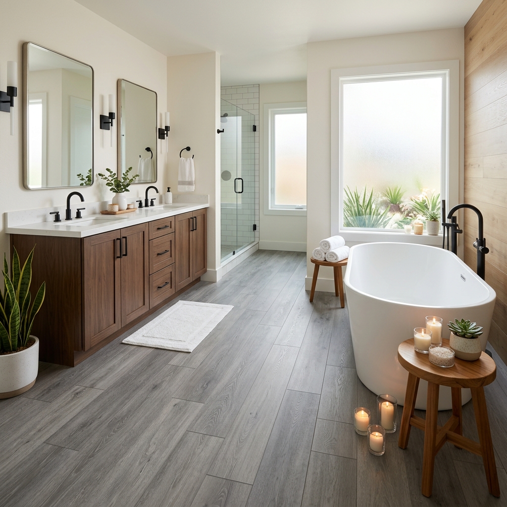 Home Decorators Stonehaven Oak — Cool Gray Stone Oak vinyl plank flooring installed in San Diego home by Hardscape Flow