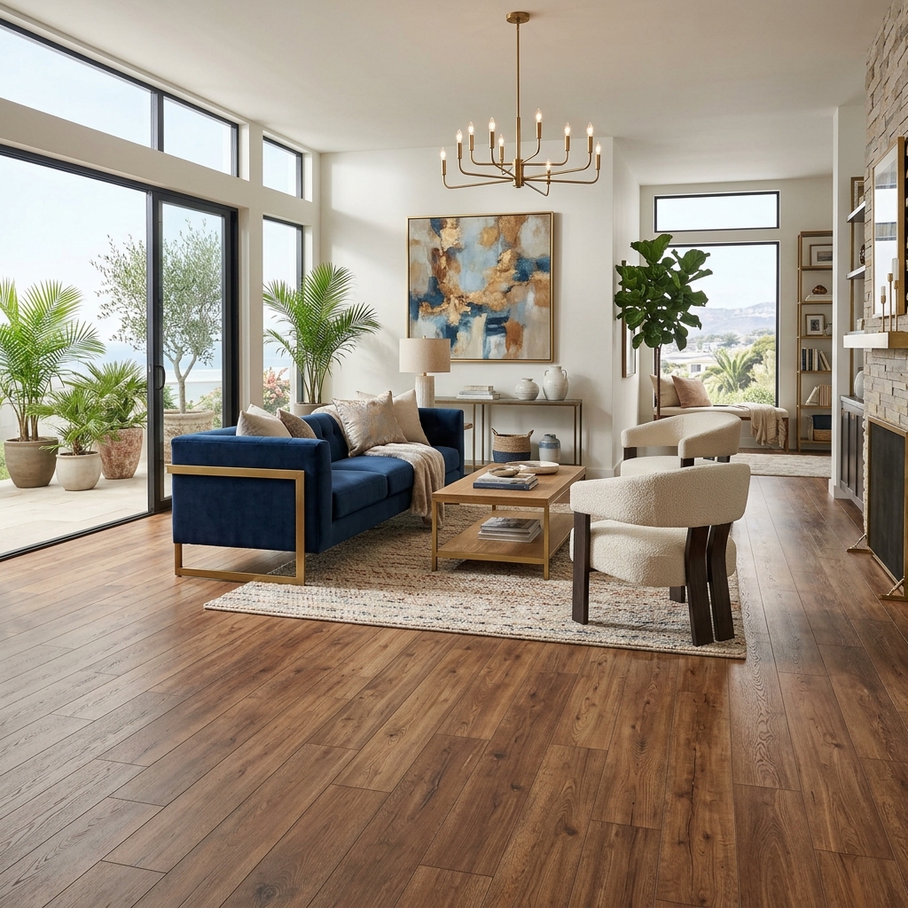 Home Decorators Druid Hills — Warm Pecan Brown vinyl plank flooring installed in San Diego home by Hardscape Flow